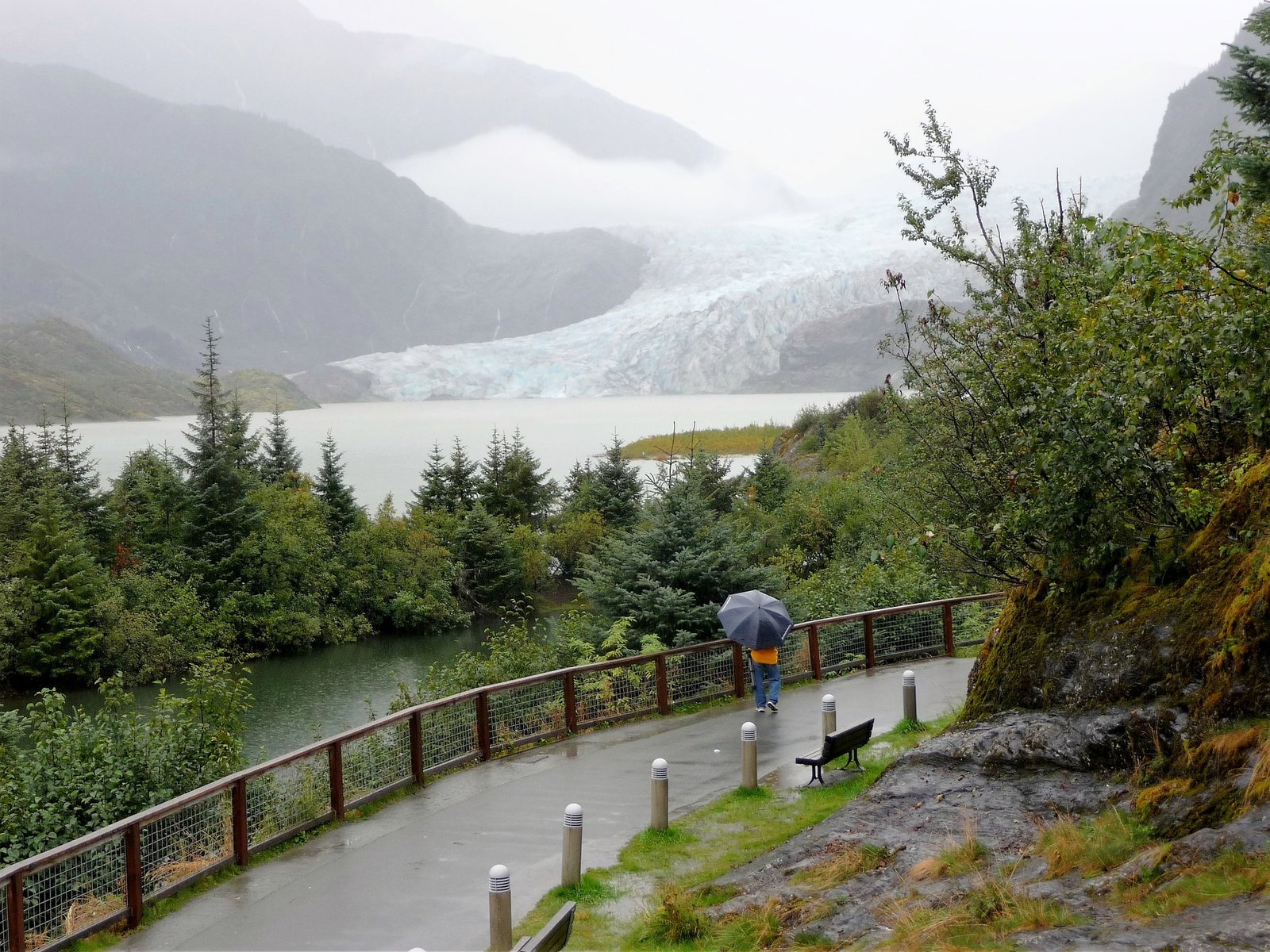 Mendenhall Glacier visitor overlook on a rainy day