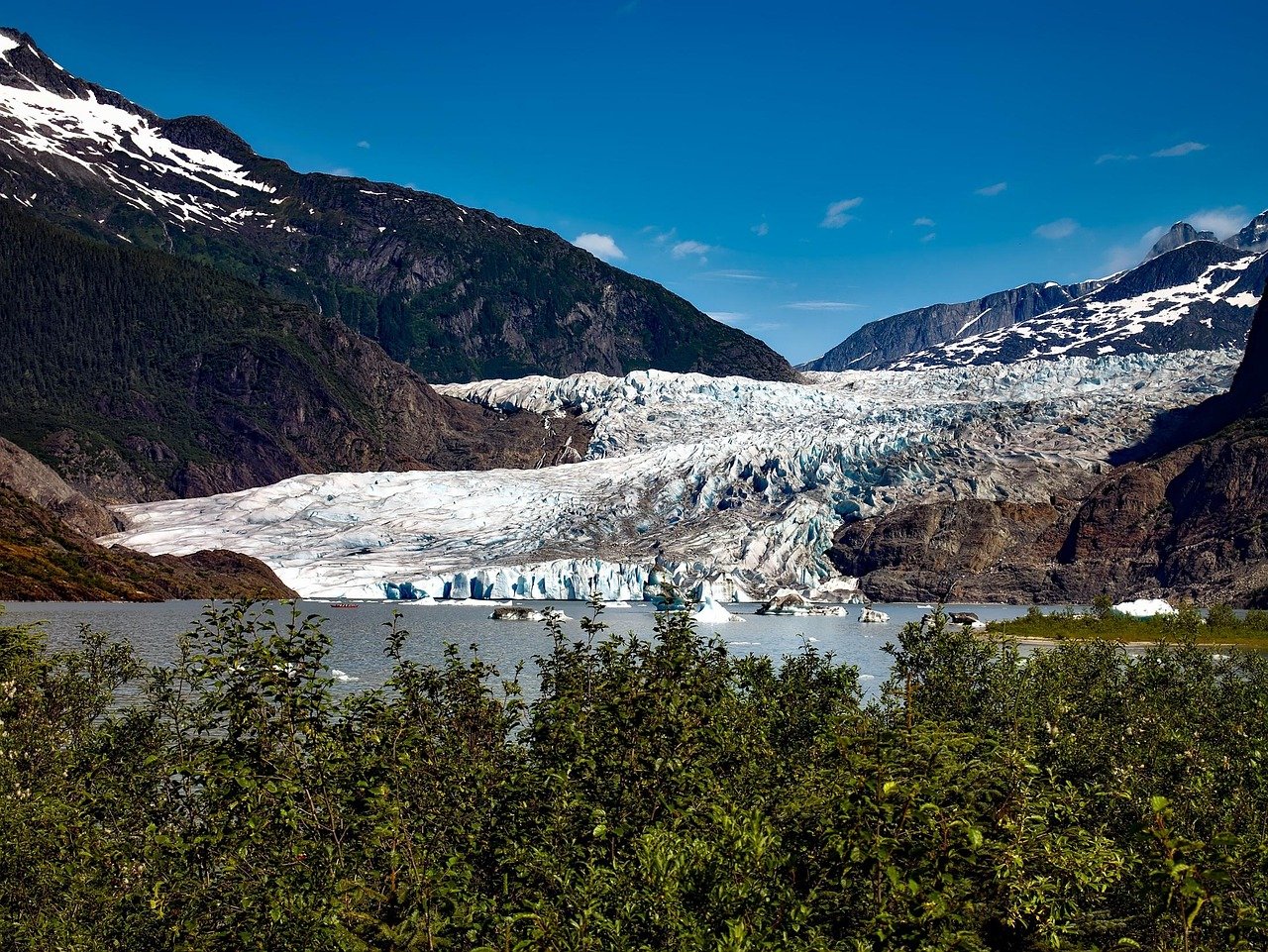 Mendenhall Glacier on a clear summer day in Juneau