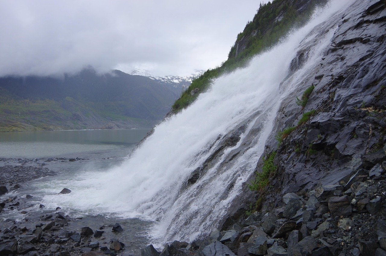 Nugget Falls cascading into Mendenhall Lake